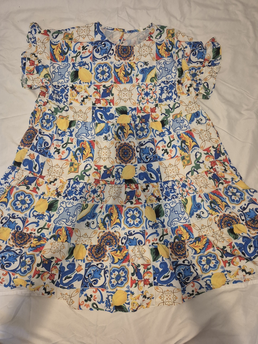 SHEIN Blue, Yellow & White Lemon Tile Print Mini Dress